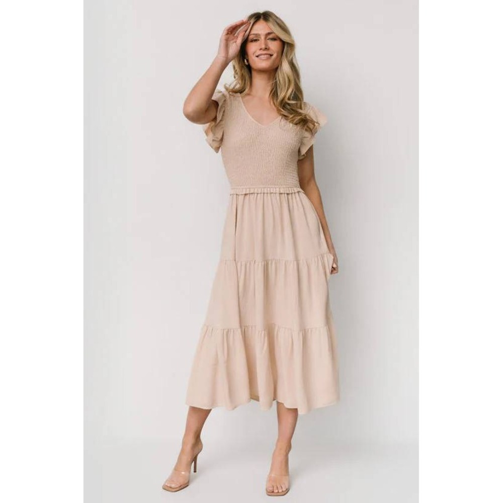 Baltic Born Afton Smocked Tiered Dress NWT Women M Sand Flutter Sleeve Maxi